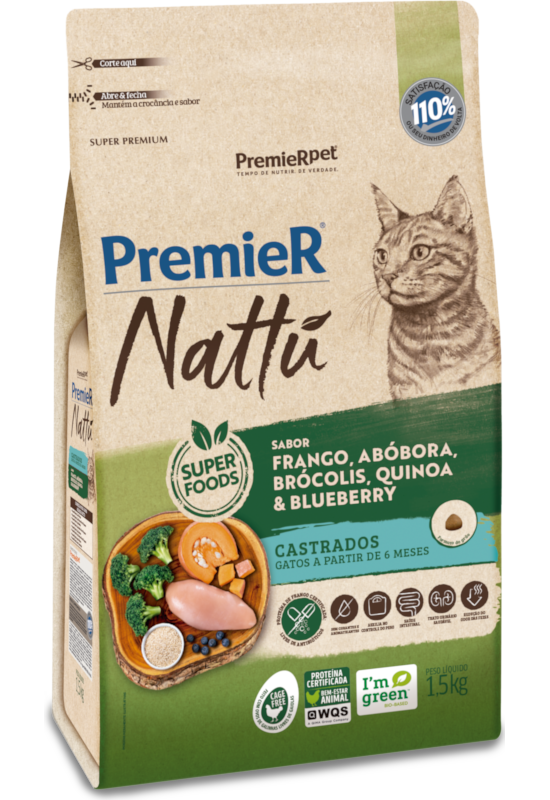 PremieR Nattu Gatos Castrados Frango, Abóbora, Brócolis, Quinoa & Blueberry