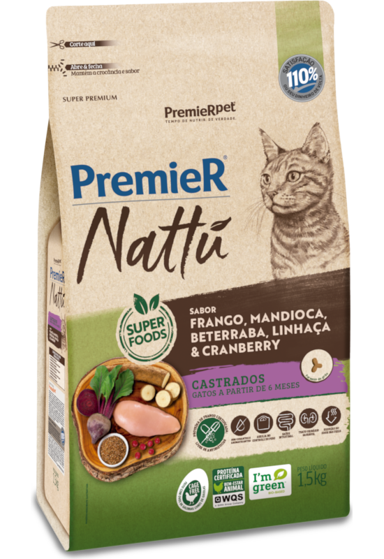 PremieR Nattu Gatos Castrados Frango, Mandioca, Beterraba, Linhaça & Cranberry