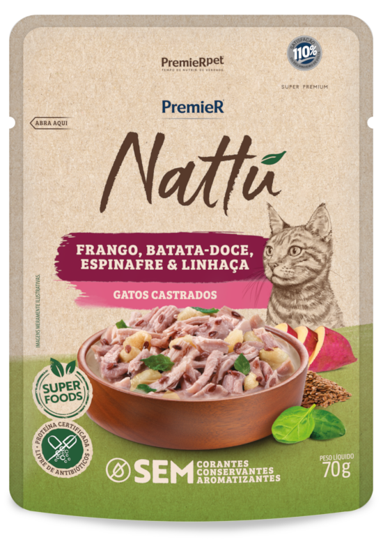 PremieR Nattu Úmidos Gatos Castrados Frango, Batata Doce, Espinafre e Linhaça