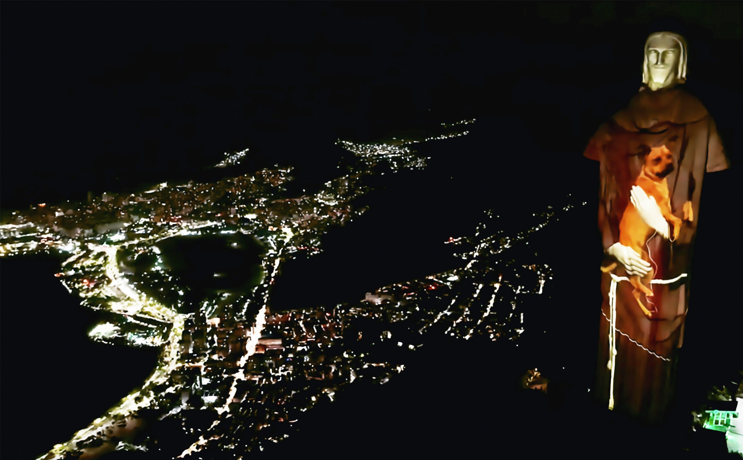 Cristo Redentor segurando cão e cidade do Rio de Janeiro a noite