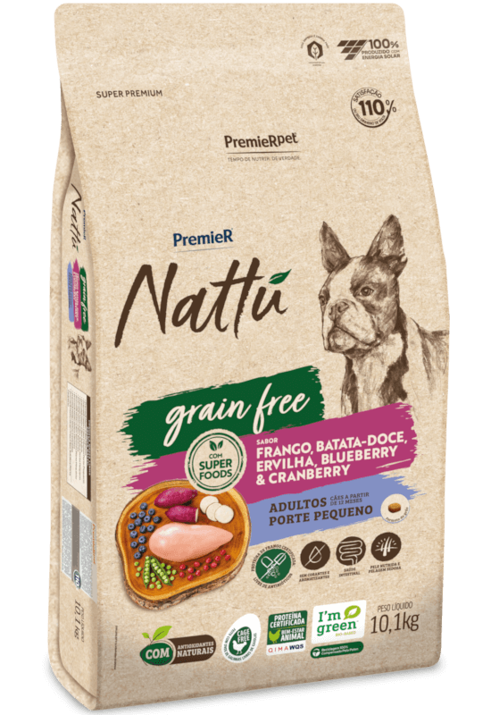 PremieR® Nattu Cães Adultos Porte Pequeno Grain Free Frango, Batata Doce, Ervilha, Blueberry e Cranberry